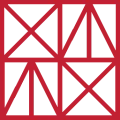This image features a red geometric pattern with triangles and rectangles forming a symmetrical grid against a white background.